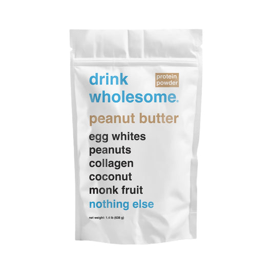 Drink Wholesome peanut butter egg white protein powder bottle highlights easy digestion and clean ingredients.
