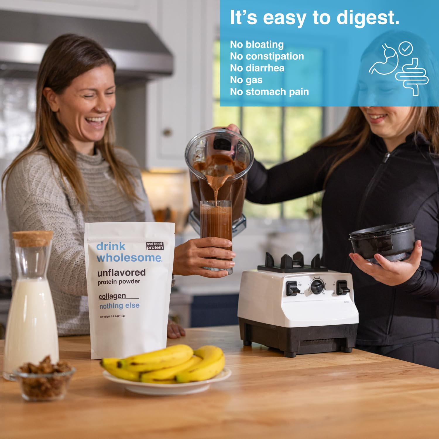 Drink Wholesome unflavored collagen powder scoop for precise dosing and smooth mixing.