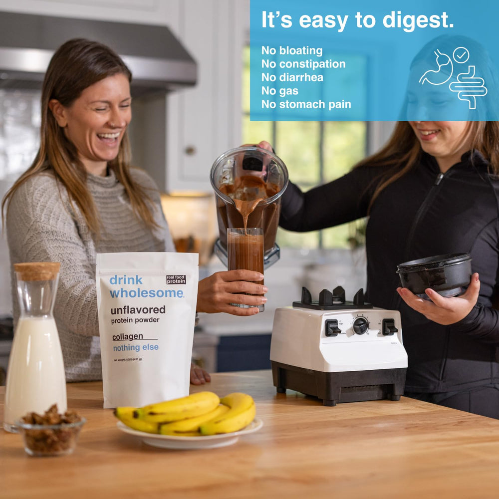 Drink Wholesome unflavored collagen powder scoop for precise dosing and smooth mixing.