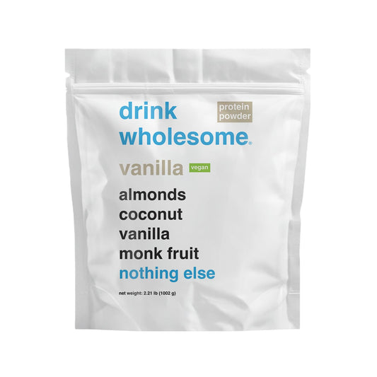 Drink Wholesome Vanilla Almond Protein bottle shows simple ingredients for sensitive stomachs.