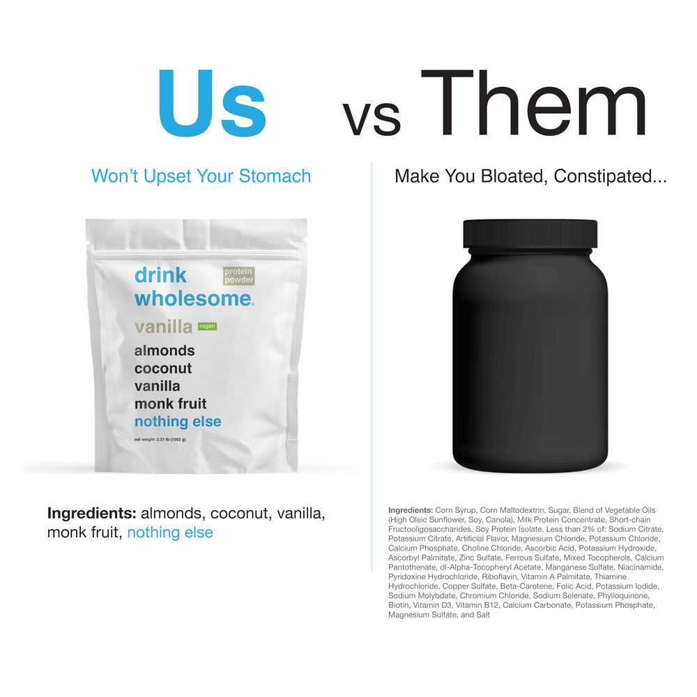 Sustainable packaging of Drink Wholesome Vanilla Almond Protein emphasizes additive-free benefits.