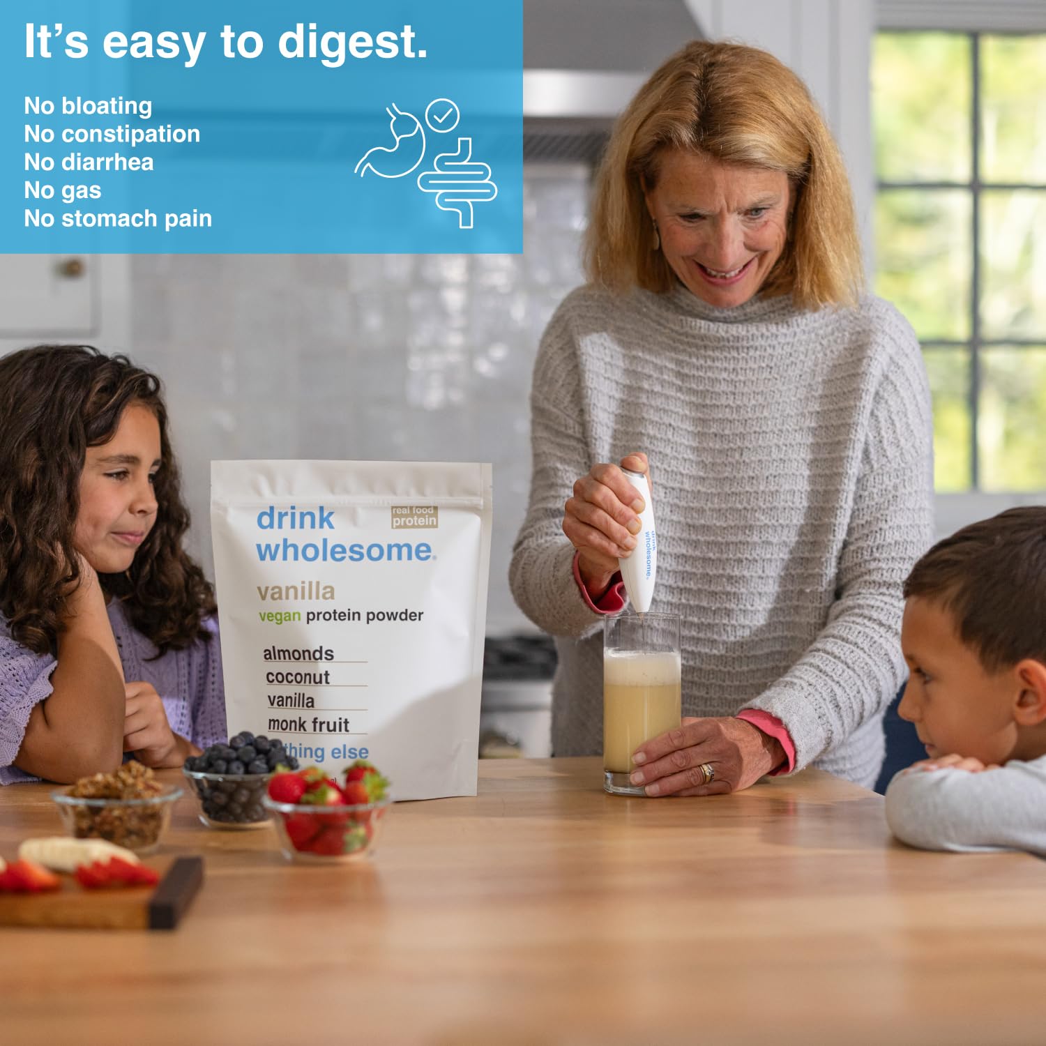 Pour of Drink Wholesome Vanilla Almond Protein highlights dairy-free for lactose intolerance.