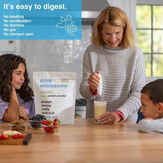 Pour of Drink Wholesome Vanilla Almond Protein highlights dairy-free for lactose intolerance.