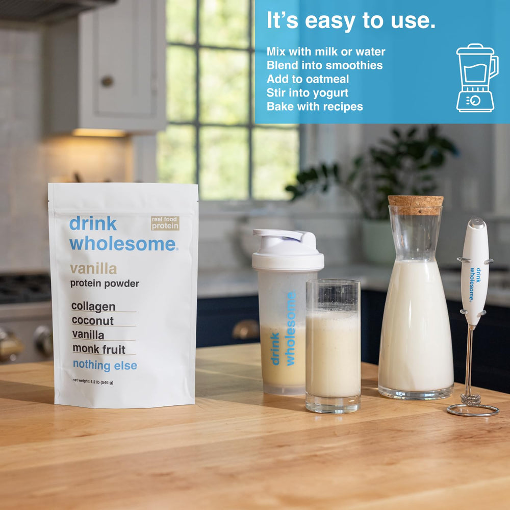 Glass of vanilla shake made with Drink Wholesome collagen powder, dairy-free option