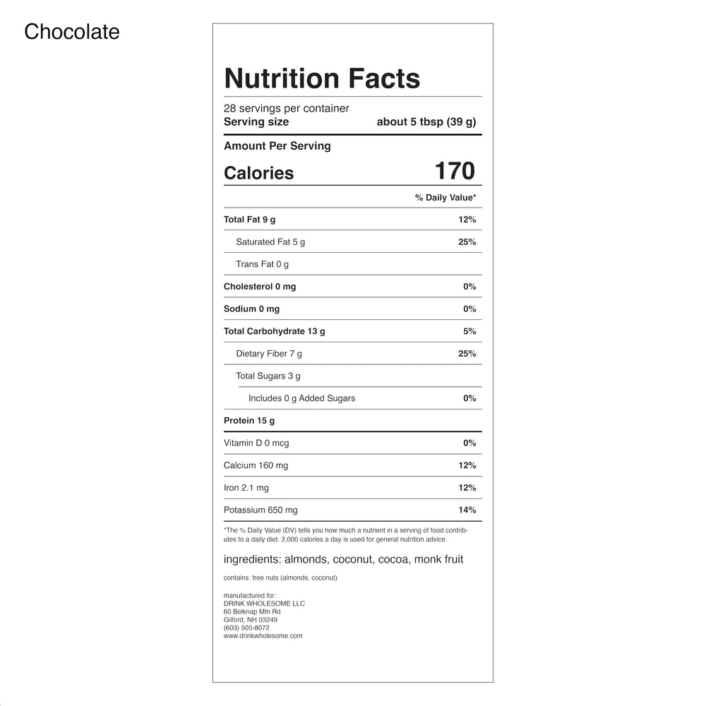 Packaging of Drink Wholesome vegan protein highlighting additive-free ingredients.