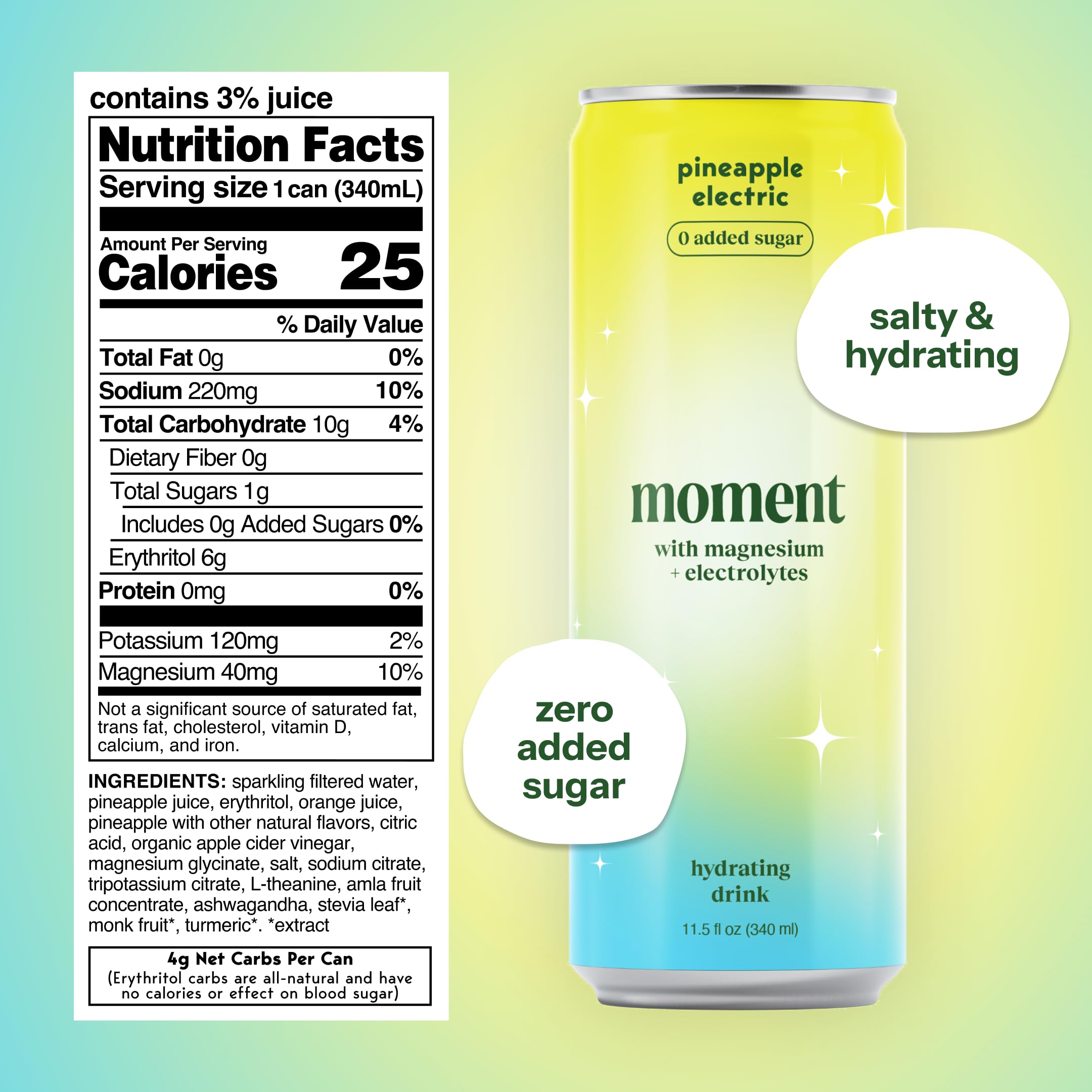 Drink Your Meditation Moment Pineapple flavor glass highlights clean, zero sugar hydration.