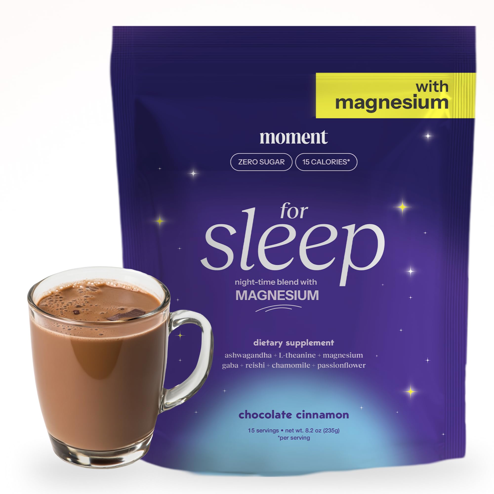 Drink Your Meditation Moment Sleep Powder pack shot highlighting zero sugar and keto-friendly cocoa