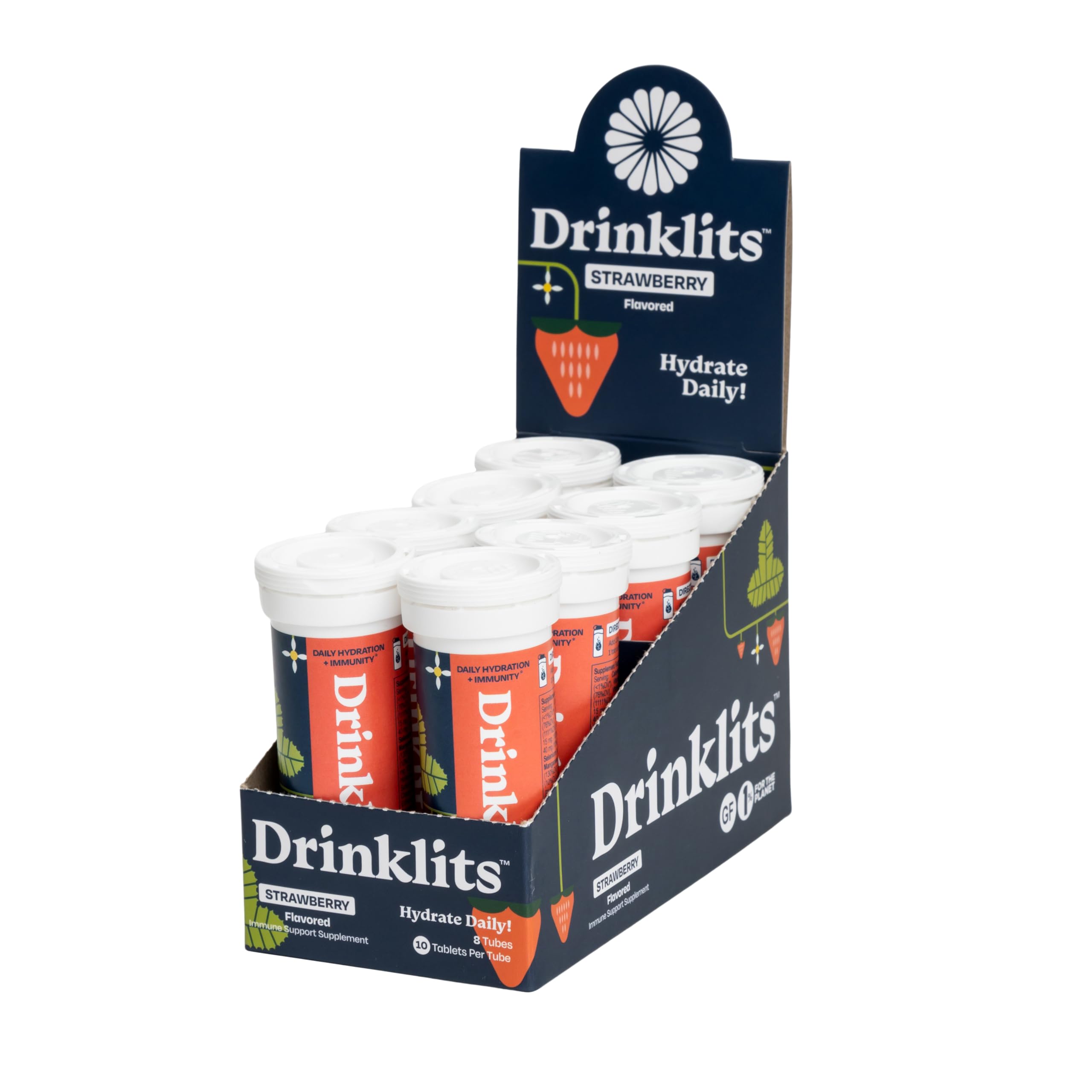 Drinklits strawberry immune tablets tube front for daily hydration and flavor.