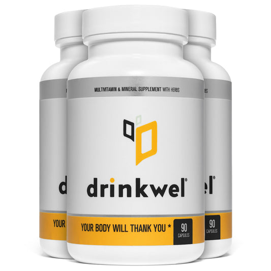 Drinkwel premium multivitamin bottle with capsules for morning recovery