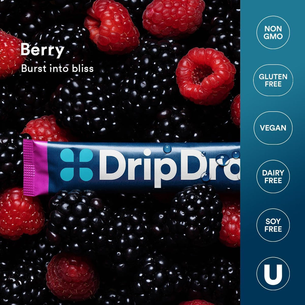 DripDrop Berry powder mixed into a glass of water