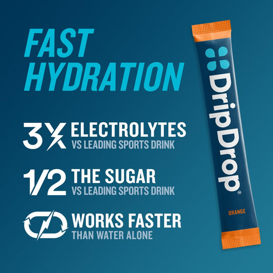 DripDrop electrolyte powder being poured into water for quick hydration.