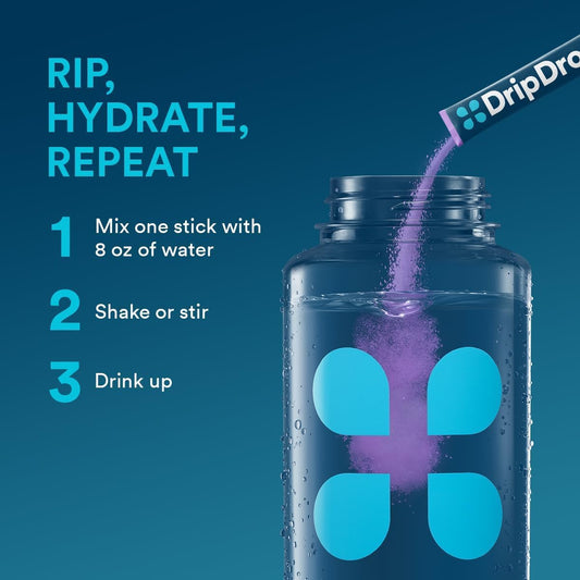 DripDrop Grape 32-pack box for convenient on-the-go hydration.