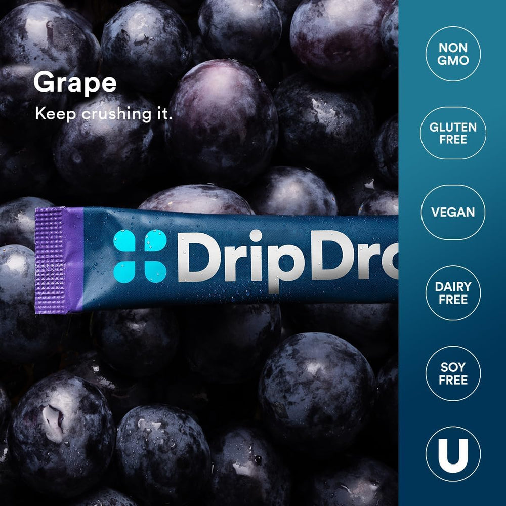 DripDrop Grape packaging close-up emphasizing clean, vegan formula.