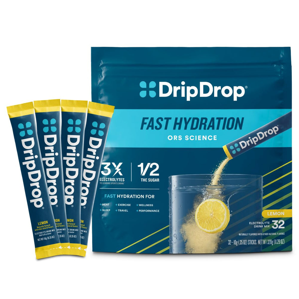 DripDrop Lemon packet closeup showing portable hydration for active days.