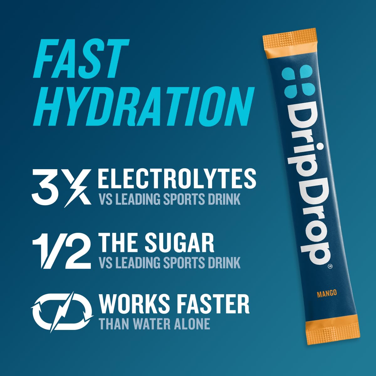 DripDrop Mango sachet close-up showing bright flavor for workouts.