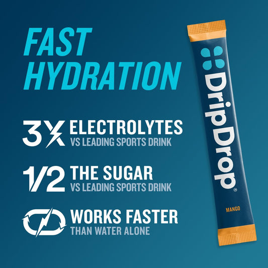 DripDrop Mango sachet close-up showing bright flavor for workouts.