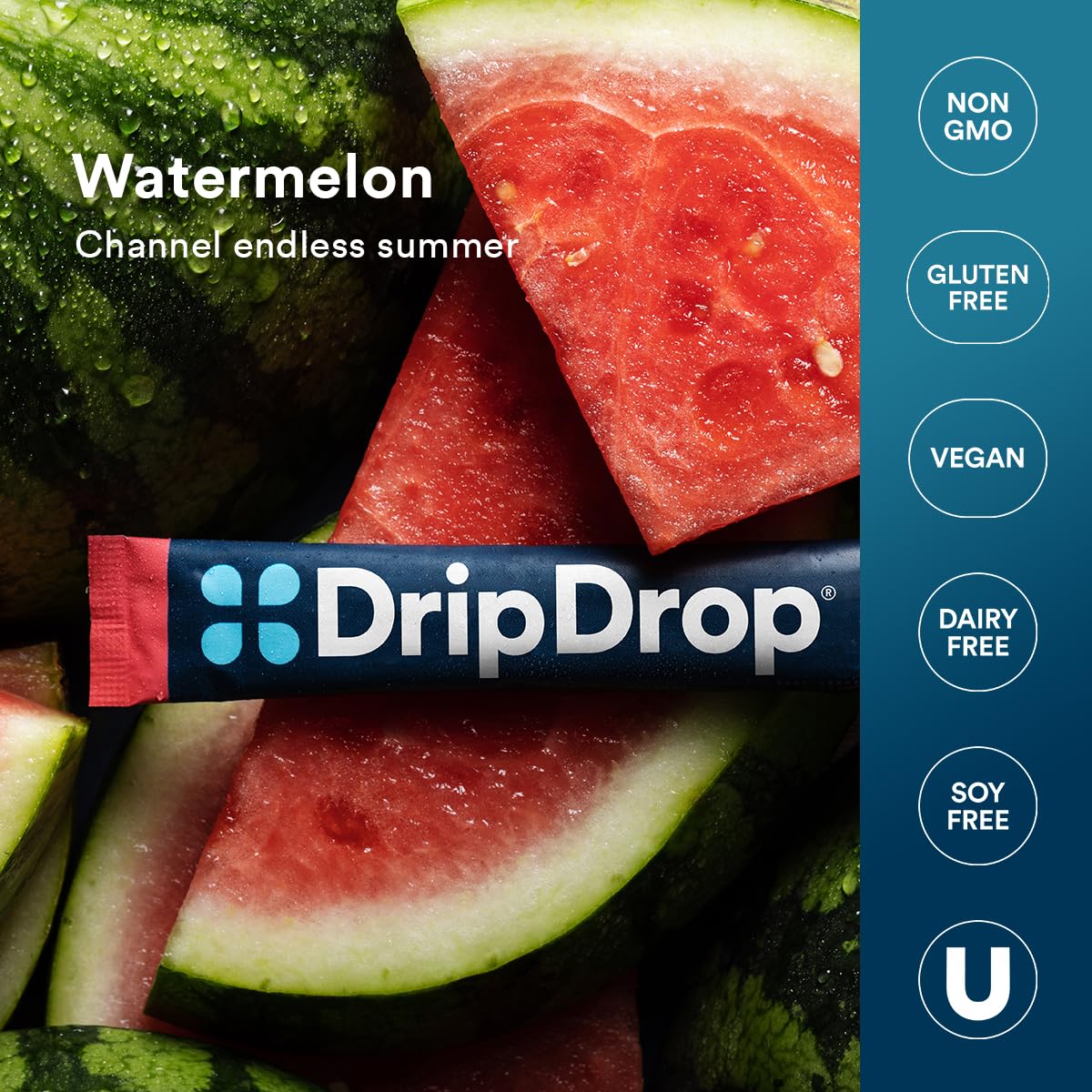 DripDrop non-GMO vegan gluten-free icons highlight health-conscious formulation.