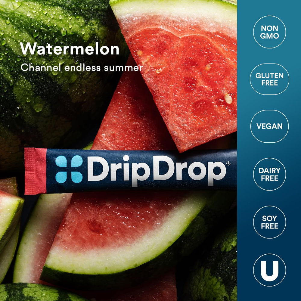DripDrop non-GMO vegan gluten-free icons highlight health-conscious formulation.