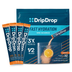 DripDrop orange electrolyte packet closeup, convenient on-the-go hydration for workouts.