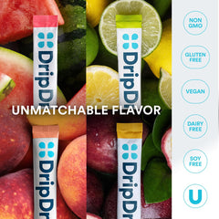 DripDrop hydration packets in a glass for easy mixing.