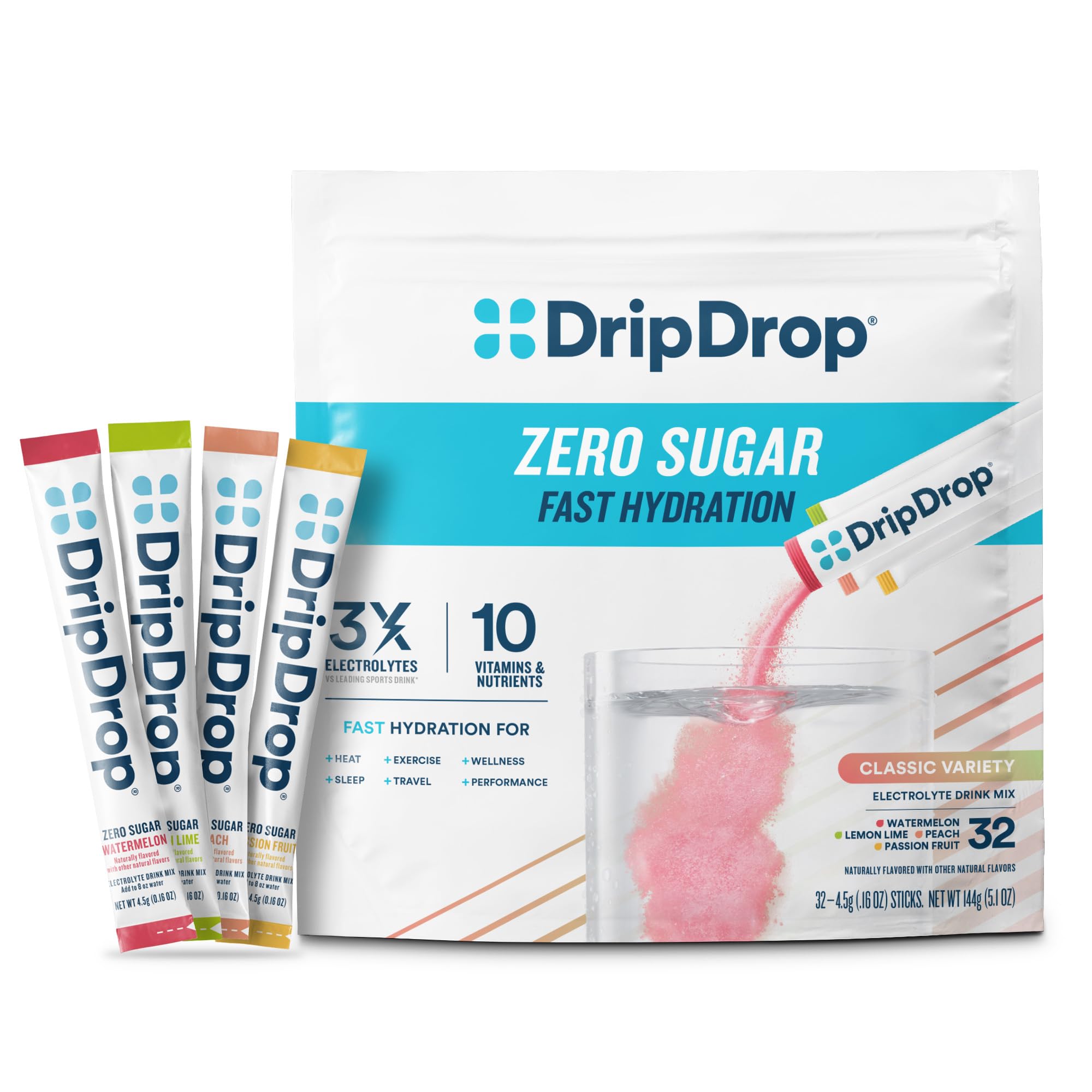 DripDrop sugar-free hydration packets lemon-lime for quick hydration.