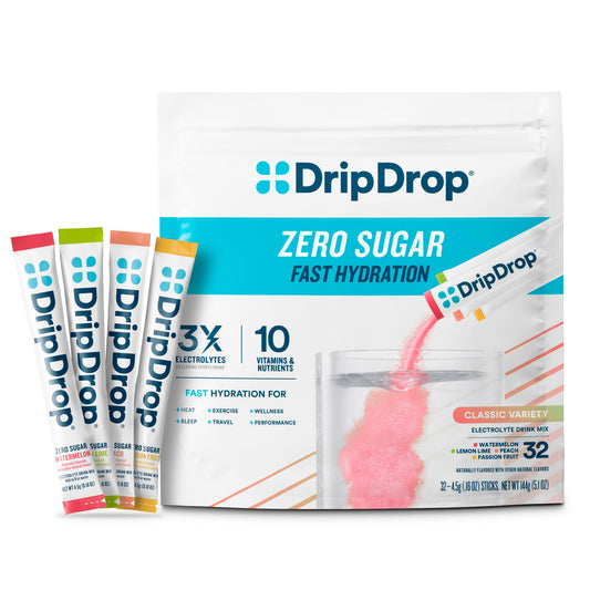 DripDrop sugar-free hydration packets lemon-lime for quick hydration.