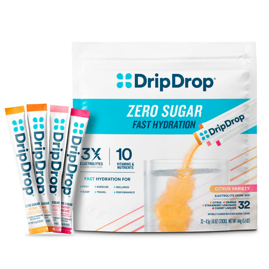 DripDrop zero citrus variety pack showing on-the-go hydration