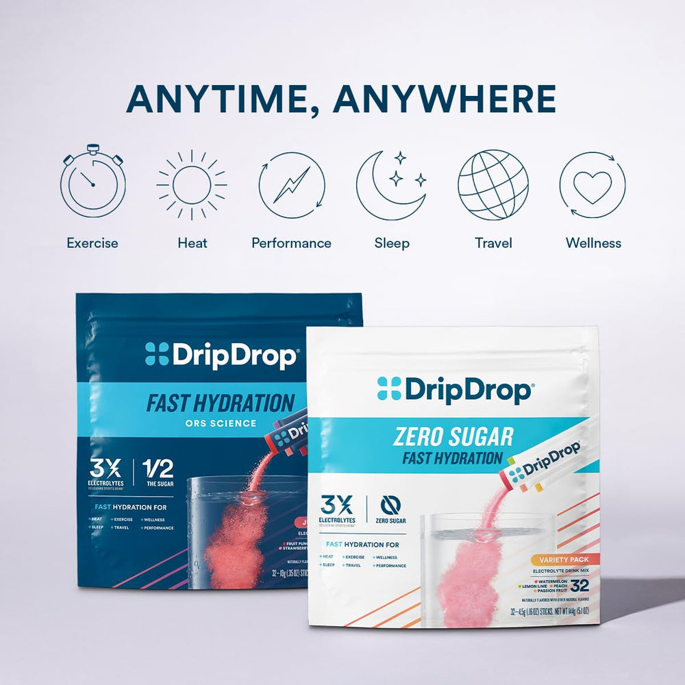 DripDrop sugar-free watermelon packet with ingredient icons and natural colors.