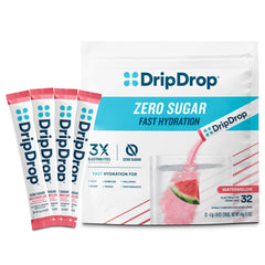 DripDrop watermelon's sugar-free packet label for on-the-go hydration.
