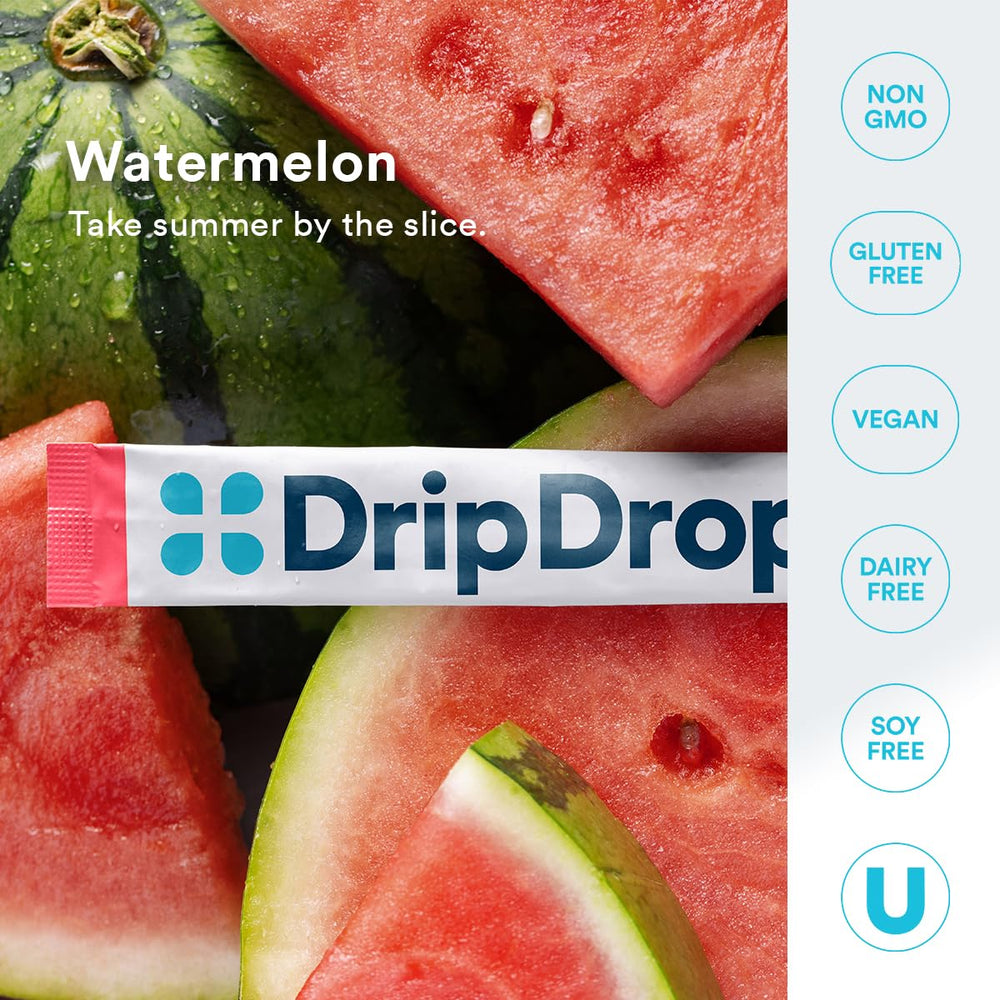 DripDrop sugar-free watermelon packet during outdoor activity for hydration.