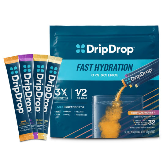 DripDrop Tropical Variety Pack front view for quick hydration on the go.