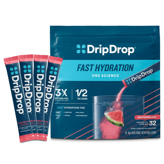 DripDrop Watermelon packet being poured into water for quick hydration.
