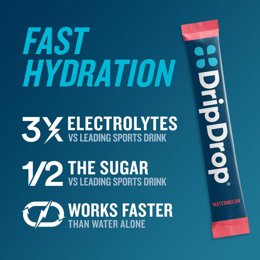 DripDrop Watermelon powder dissolving in a glass for refreshing hydration.