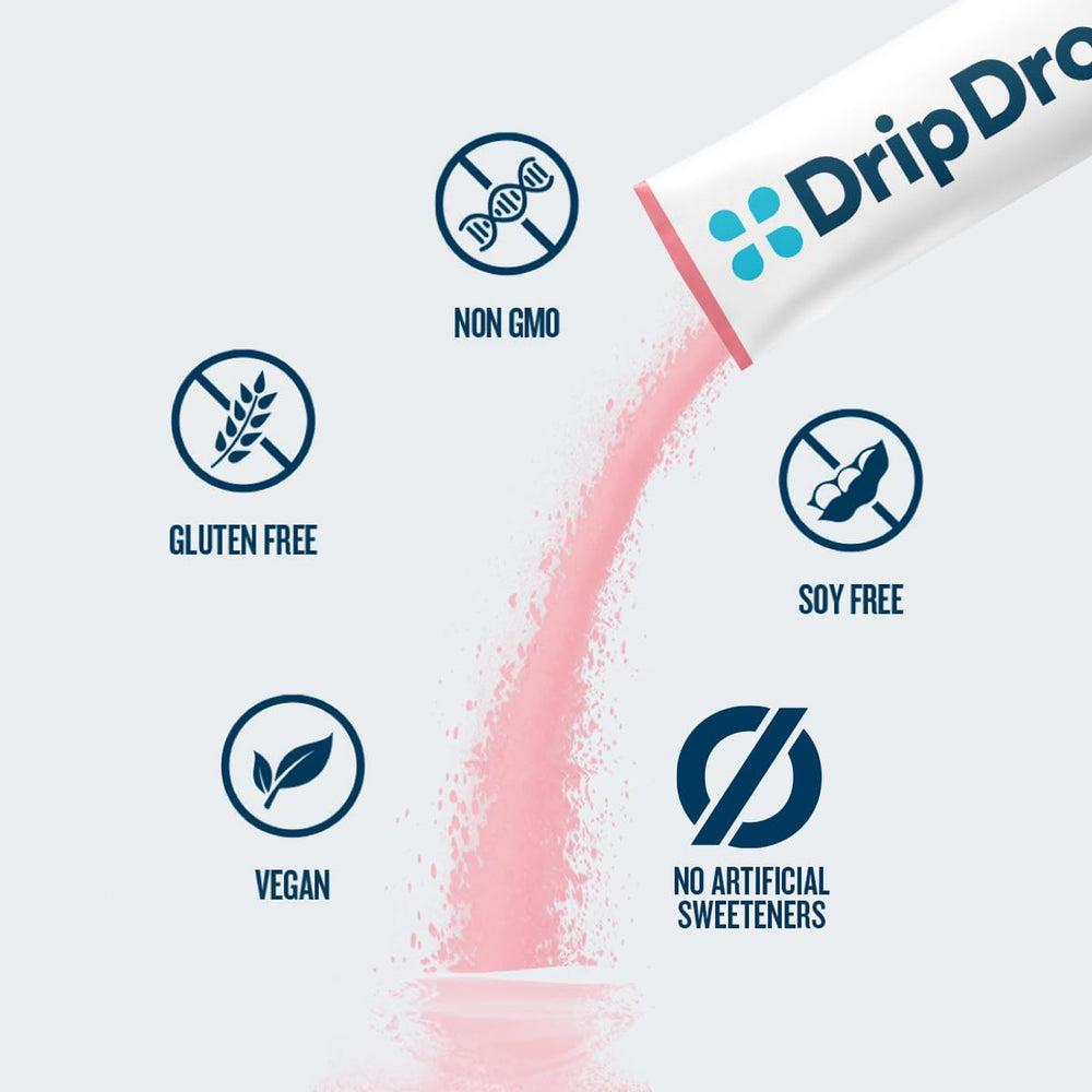 DripDrop Zero Sugar Plus packets in package for travel-friendly hydration.