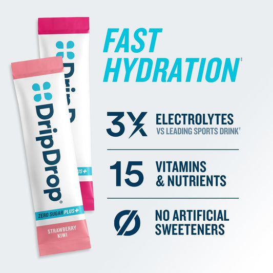 DripDrop Zero Sugar Plus peach stick delivers fast electrolytes without sugar after workouts.