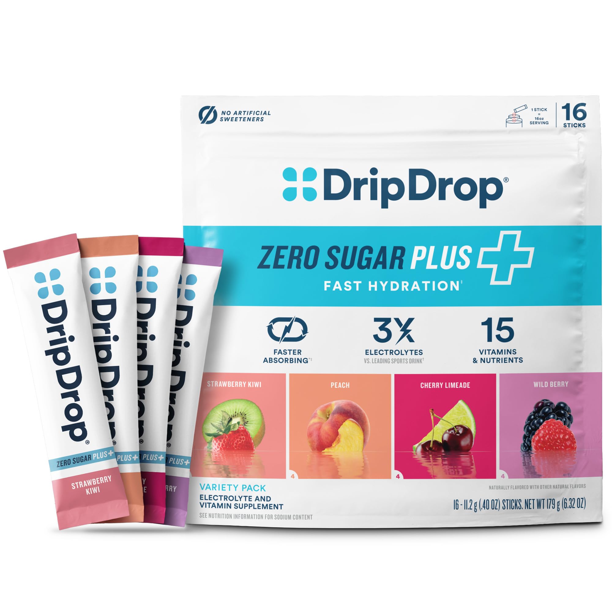 DripDrop Zero Sugar Plus strawberry kiwi stick for quick sugar-free hydration on the go.
