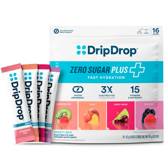 DripDrop Zero Sugar Plus strawberry kiwi stick for quick sugar-free hydration on the go.