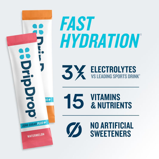 DripDrop Zero Sugar Plus tangerine packet boosts electrolytes with zero sugar for active days.
