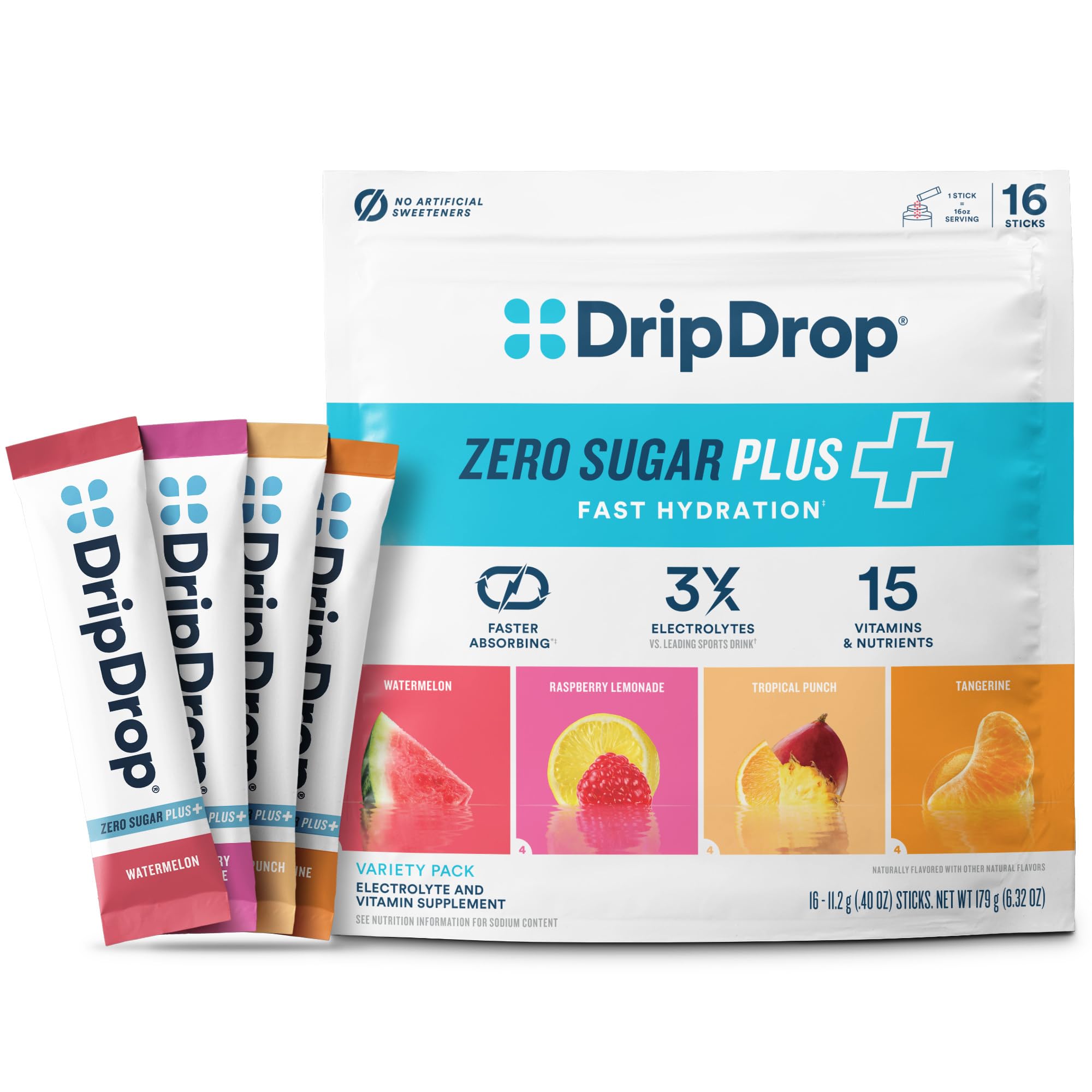 DripDrop Zero Sugar Plus watermelon packet for quick, sugar-free hydration during workouts.