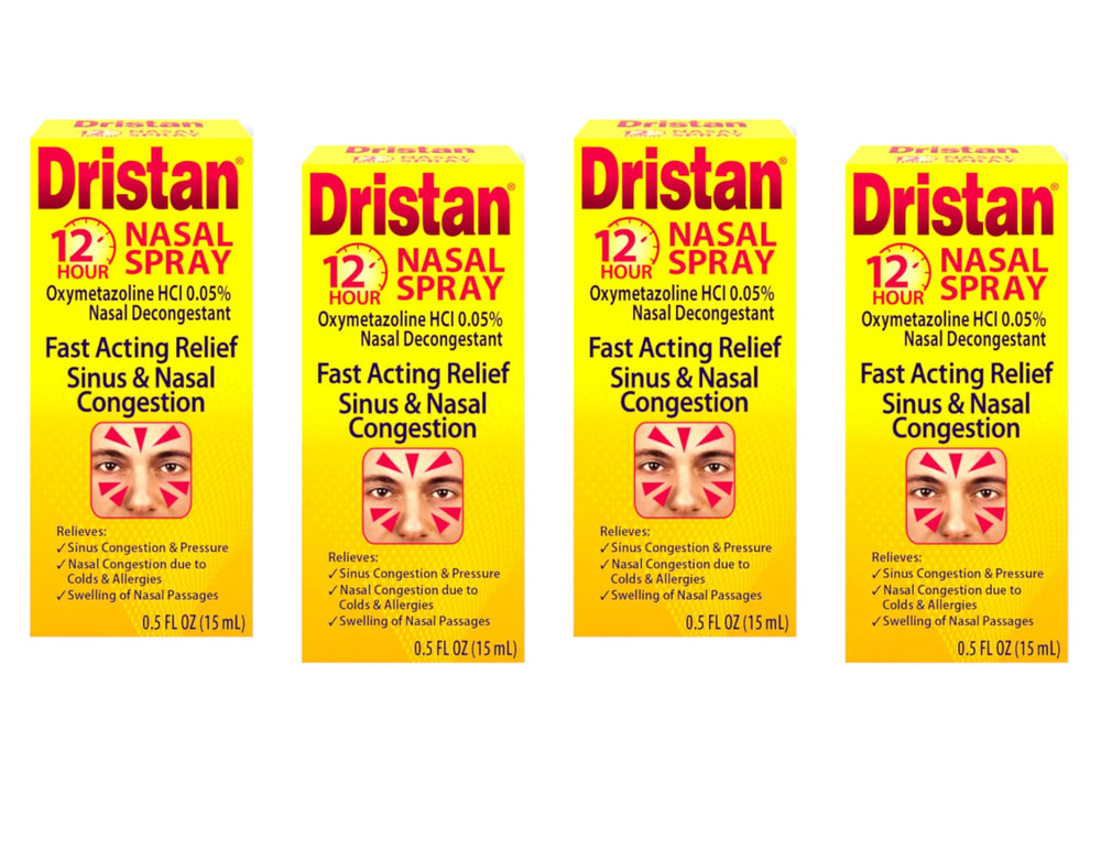 Dristan 12-Hour nasal spray bottle front view for easy access.