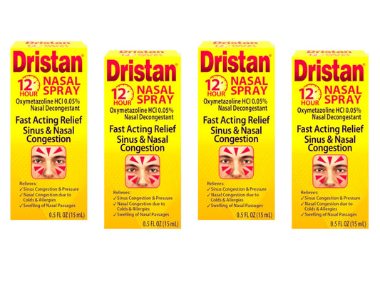 Dristan 12-Hour nasal spray bottle front view for easy access.