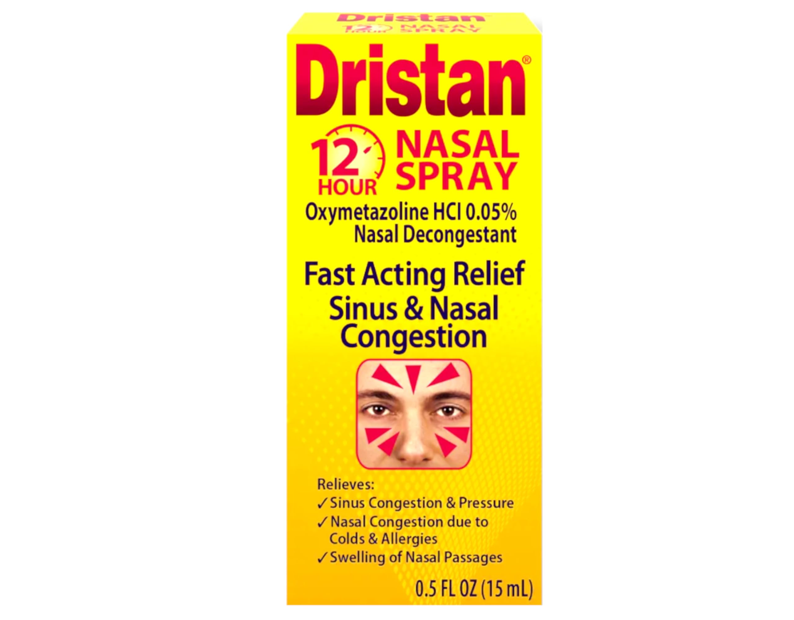 Dristan bottle side view shows compact 0.5 oz design for travel.