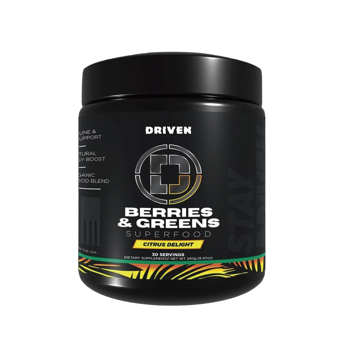 Driven Nutrition B&G powder tub on kitchen counter for an energizing, recovery-friendly smoothie.