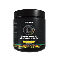 Driven Nutrition B&G powder tub on kitchen counter for an energizing, recovery-friendly smoothie.
