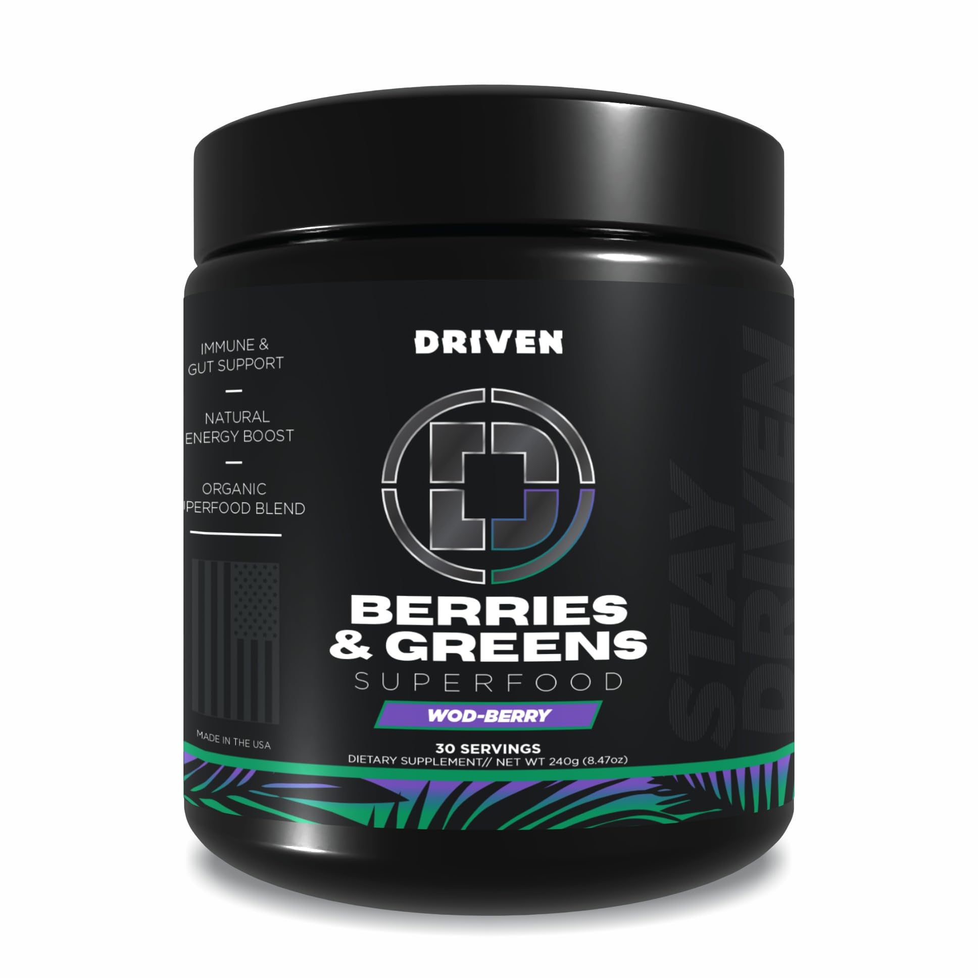 Driven B&G Berries & Greens powder tub showing organic greens for daily energy.