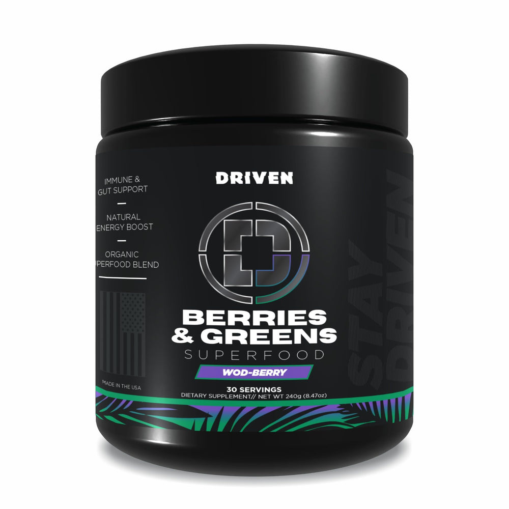 Driven B&G Berries & Greens powder tub showing organic greens for daily energy.