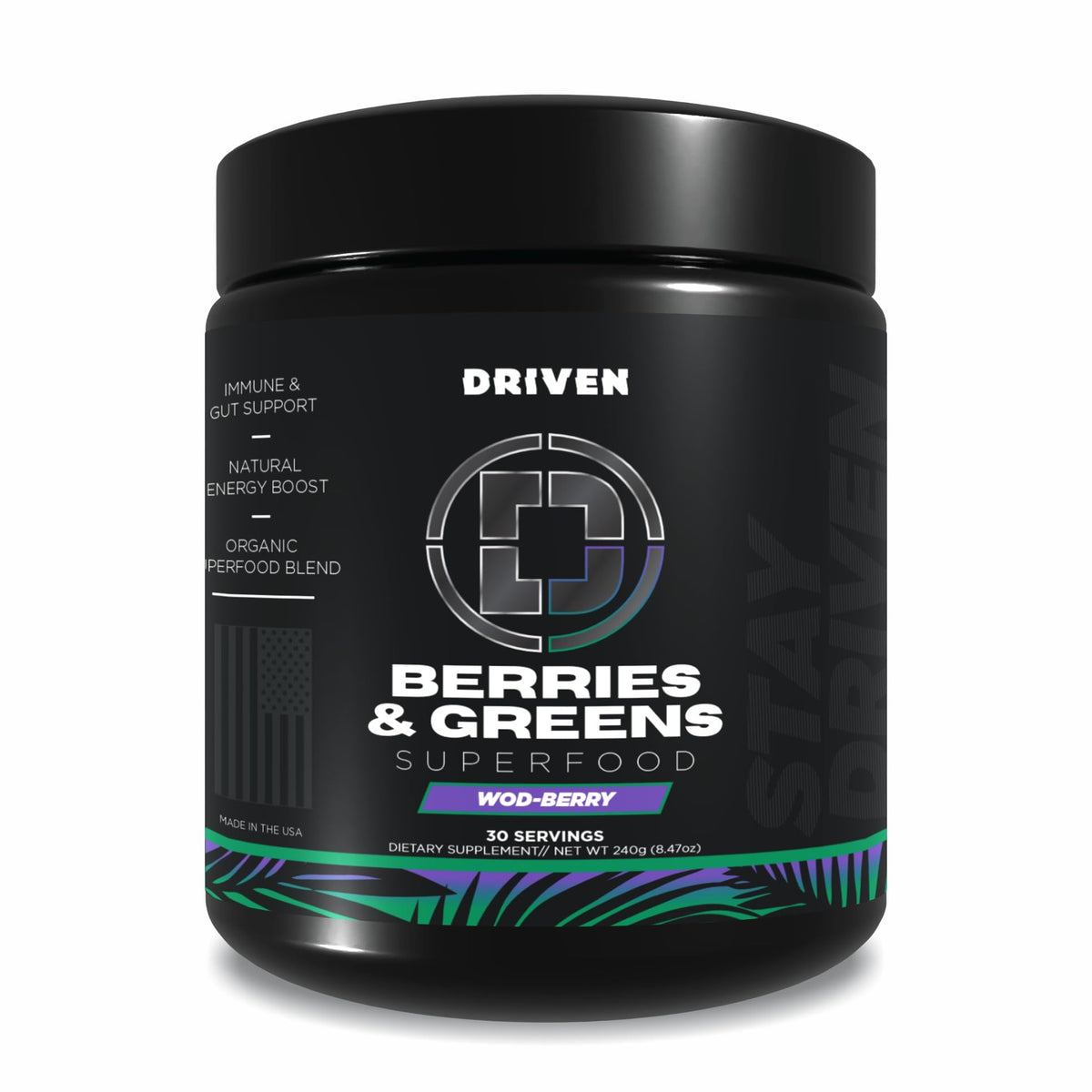 Driven B&G Berries & Greens powder tub showing organic greens for daily energy.