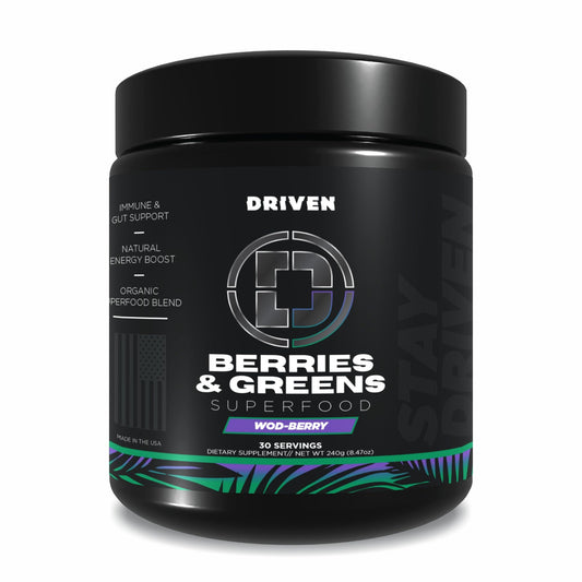 Driven B&G Berries & Greens powder tub showing organic greens for daily energy.
