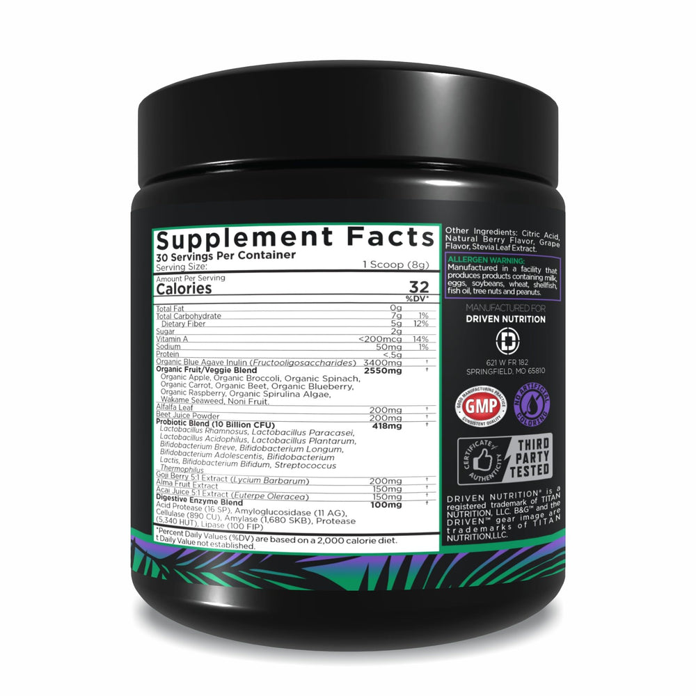 Driven B&G low-calorie powder emphasizes 20 calories per scoop for mindful fueling.