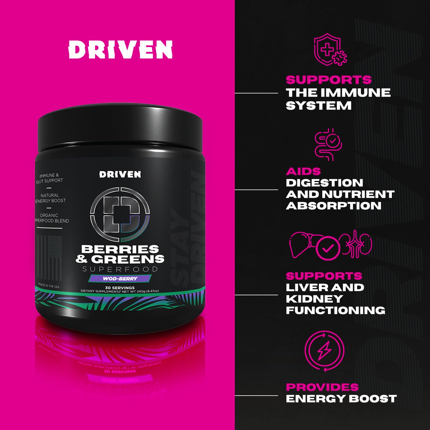 Driven B&G organic berries and greens highlight clean, plant-based ingredients.
